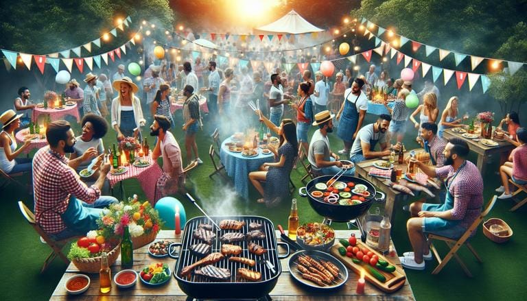 Uso festivo - O termo "Uso festivo" no contexto de churrasco refere-se à prática de organizar churrascos em ocasiões comemorativas, como aniversários, feriados e reuniões familiares. Este uso celebra a convivência, o compartilhamento de refeições saborosas e a criação de memórias inesquecíveis em um ambiente descontraído. - Um churras - Imagem gerada por IA