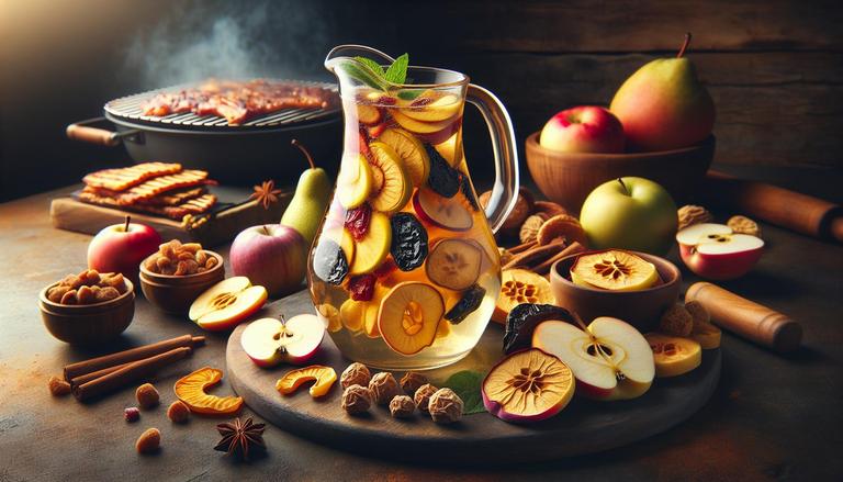 Uzvar - Uzvar é uma bebida tradicional eslava feita a partir da infusão de frutas secas em água fervente, geralmente adoçada com mel. Embora não seja tradicionalmente associada ao churrasco, pode ser uma opção refrescante e diferenciada para acompanhar carnes assadas, graças ao seu sabor doce natural e propriedades digestivas. - Um churras - Imagem gerada por IA