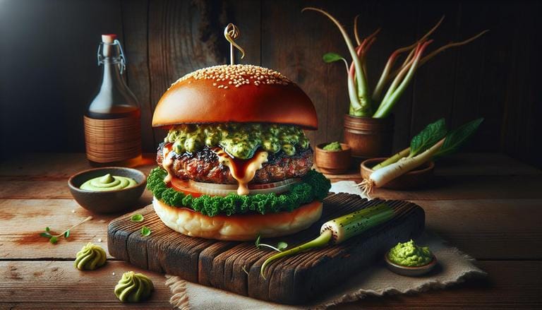 Wasabi burgers - Wasabi burgers são hambúrgueres que incorporam wasabi, um condimento japonês picante feito da raiz do Wasabia japonica, para adicionar um sabor único e picante. - Um churras - Imagem gerada por IA