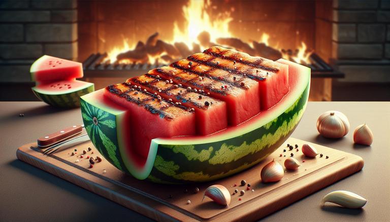 Watermelon Steak - Watermelon Steak é um prato vegano feito de melancia grelhada. A fruta é cortada em grossas fatias e geralmente temperada ou marinada antes de ser grelhada até a superfície ficar caramelizada. - Um churras - Imagem gerada por IA