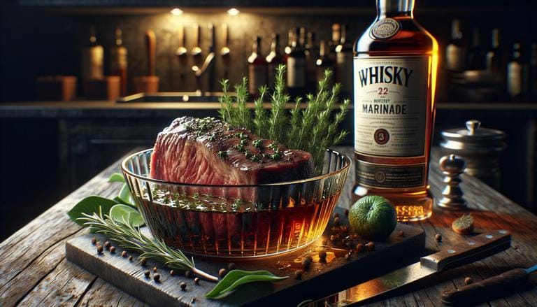 Whisky marinado - Whisky marinado é uma técnica culinária que envolve mergulhar alimentos, geralmente carnes, em whisky para realçar o sabor, amaciar as fibras e adicionar um perfil de sabor único durante o cozimento. - Um churras - Imagem gerada por IA