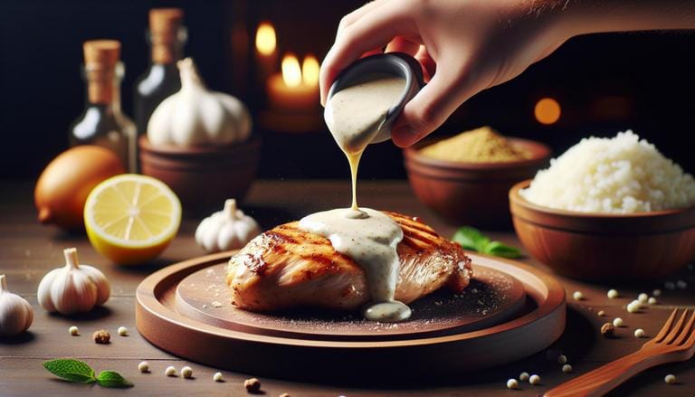 White BBQ sauce - White BBQ Sauce é um molho para churrasco à base de maionese, originário do Alabama, EUA. Geralmente contém também vinagre, suco de limão e especiarias. É comum em pratos de frango grelhado. - Um churras - Imagem gerada por IA