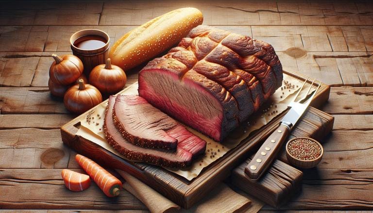 Whole brisket - Whole brisket é um corte de carne bovina que inclui peito e ponta de peito. É conhecido por ser um corte grande, com uma camada de gordura que requer longo tempo de cozimento para atingir maciez. - Um churras - Imagem gerada por IA