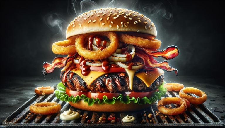 Whopper BBQ - O Whopper BBQ é um hambúrguer da rede Burger King, que inclui carne grelhada, queijo, bacon, cebola crispy, molho barbecue, alface, tomate e maionese, servido em um pão com gergelim. - Um churras - Imagem gerada por IA