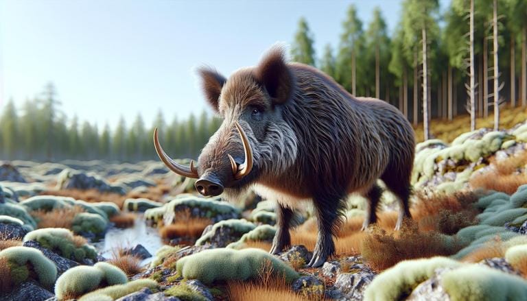 Wild boar (javali selvagem) - O javali selvagem, ou "wild boar" em inglês, é um mamífero de porte médio da família Suidae. Possui corpo robusto, pelagem áspera e presas longas e curvas. É conhecido por sua habilidade de adaptação em diversos habitats. - Um churras - Imagem gerada por IA