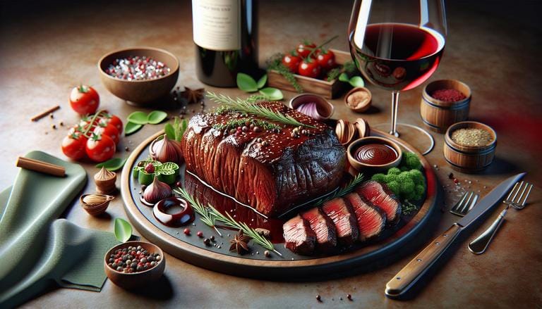 Wine beef - Wine beef é carne de boi preparada ou marinada em vinho, o que melhora seu sabor e maciez. A carne absorve as nuances do vinho, resultando em um prato rico e aromático. - Um churras - Imagem gerada por IA