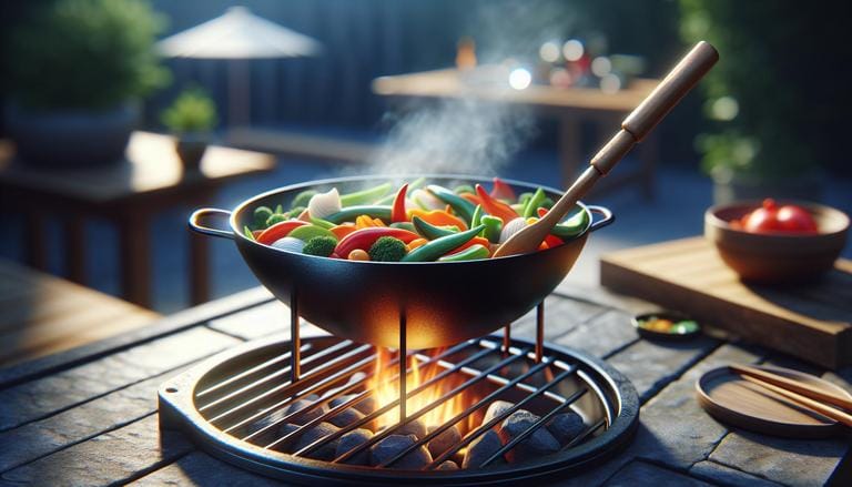 Wok para churrasco - Wok para churrasco é uma panela de fundo redondo usada na grelha para preparar pratos rápidos e fritos, ideal para cozinhar alimentos pequenos ou cortados que poderiam cair pela grelha. - Um churras - Imagem gerada por IA