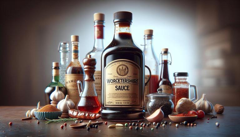 Worcestershire - O molho Worcestershire é um condimento líquido fermentado de origem inglesa, feito com uma variedade de ingredientes, como vinagre, tamarindo, anchovas, alho e especiarias. É utilizado para realçar o sabor de carnes, sopas e coquetéis. - Um churras - Imagem gerada por IA