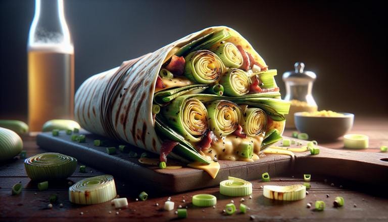 Wrap de alho poró - Wrap de alho poró é uma receita que utiliza a tortilha como base, envolvendo alho poró refogado ou grelhado, juntamente com outros ingredientes como queijos, carnes ou vegetais. - Um churras - Imagem gerada por IA