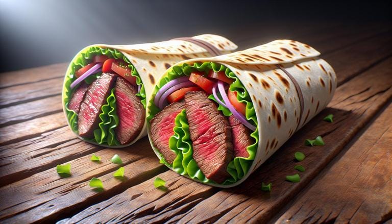 Wrap de picanha - O wrap de picanha é um sanduíche enrolado em tortilla ou pão sírio, contendo fatias de picanha grelhada, geralmente acompanhadas de vegetais, queijos e molhos variados. - Um churras - Imagem gerada por IA
