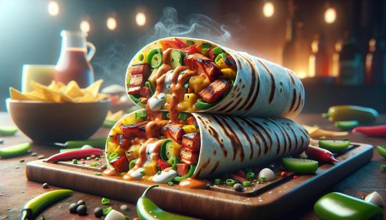 Wrap temperado - Wrap temperado é um lanche feito com uma tortilha enrolada que contém diversos recheios como carnes, legumes e molhos, todos previamente temperados para realçar o sabor. - Um churras - Imagem gerada por IA
