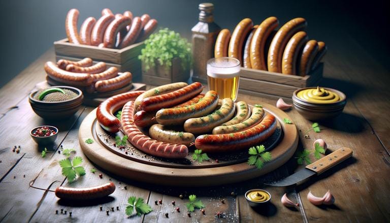 Wurst (salsicha alemã) - Wurst é o termo genérico para salsicha na culinária alemã, englobando uma variedade de tipos feitos com diferentes carnes e temperos, como Bratwurst, Knackwurst e Currywurst. - Um churras - Imagem gerada por IA