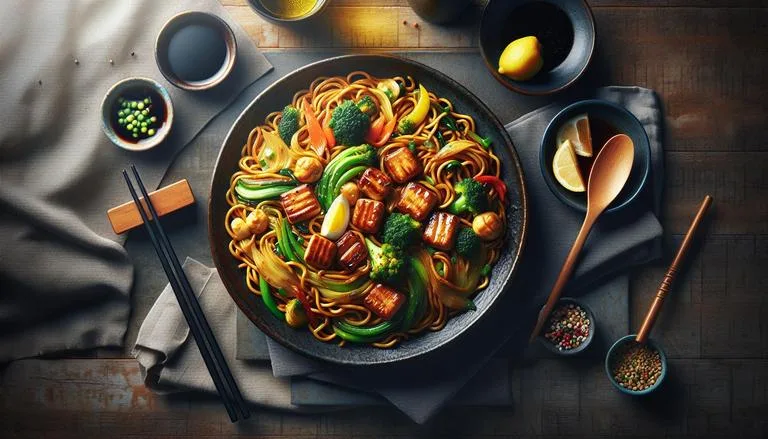 Yakissoba - Yakissoba é um prato de origem chinesa, popular no Japão, composto por macarrão frito com legumes e carnes variadas, geralmente temperado com molho à base de soja. - Um churras - Imagem gerada por IA