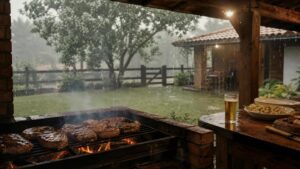 Churrasco em dias de chuva: dicas, receitas e segurança - Um churras - Imagem gerada por IA