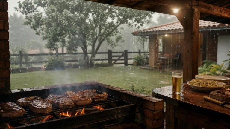 Churrasco em dias de chuva: dicas, receitas e segurança - Um churras - Imagem gerada por IA