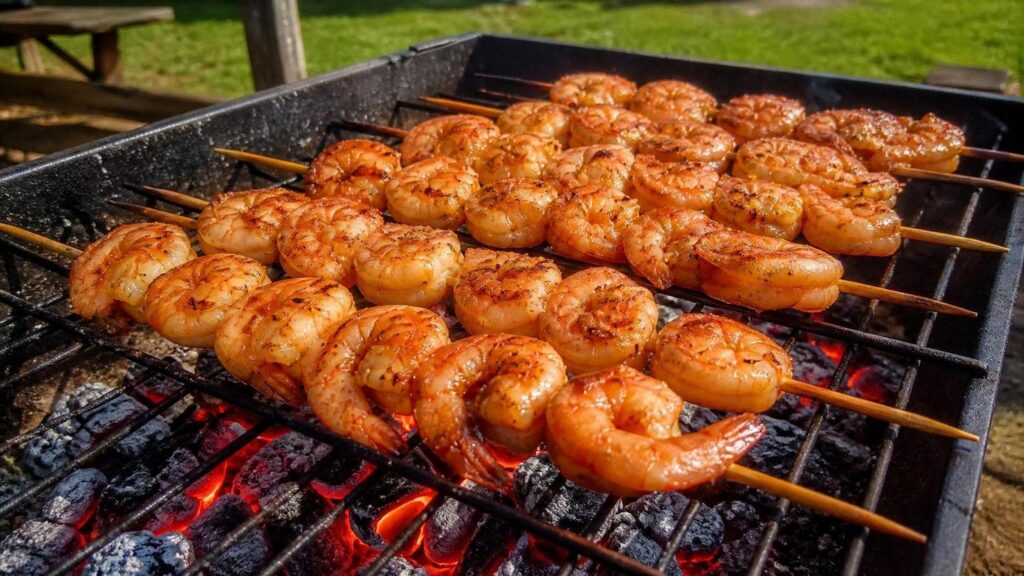 Espetos de camarão na churrasqueira irresistíveis - Um churras - Imagem gerada por IA