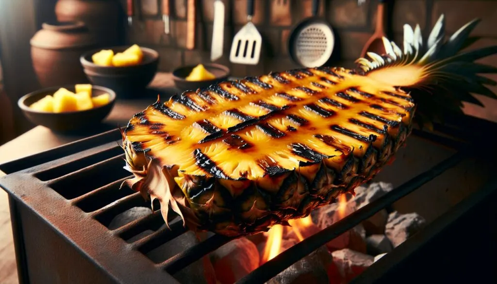 Abacaxi grelhado é uma sobremesa ou acompanhamento feito ao grelhar fatias de abacaxi até que fiquem caramelizadas e douradas, intensificando seu sabor naturalmente doce. (imagem gerada com inteligência artificial)