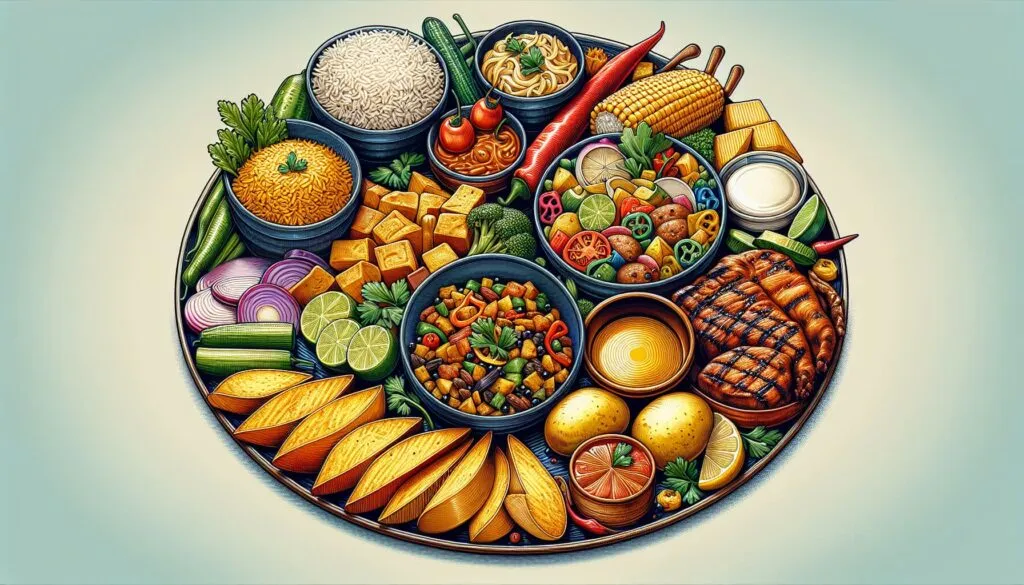 Acompanhamentos são pratos servidos junto com o prato principal, destinados a complementar e realçar o sabor da refeição. Comuns são arroz, batatas, legumes, entre outros. (imagem gerada com inteligência artificial)