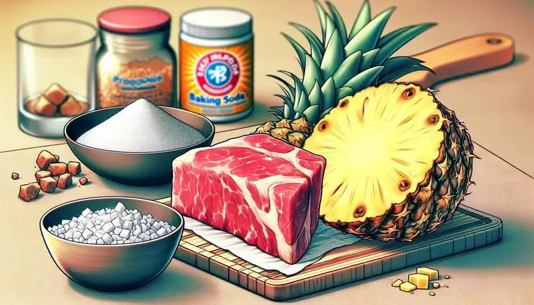 Amaciante de carne é um produto ou substância utilizada para tornar as fibras da carne mais macias, melhorando sua textura e sabor ao ser cozida. Pode ser químico, como o bicarbonato de sódio, ou natural, como o abacaxi. (imagem gerada com inteligência artificial)