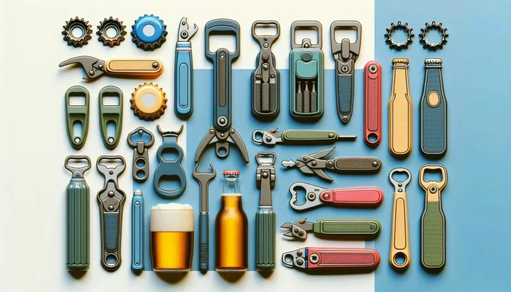 Abridor de garrafas é uma ferramenta utilizada para remover tampas de metal de garrafas, especialmente aquelas de bebidas como refrigerantes e cervejas. Existem modelos manuais e automáticos. (imagem gerada com inteligência artificial)