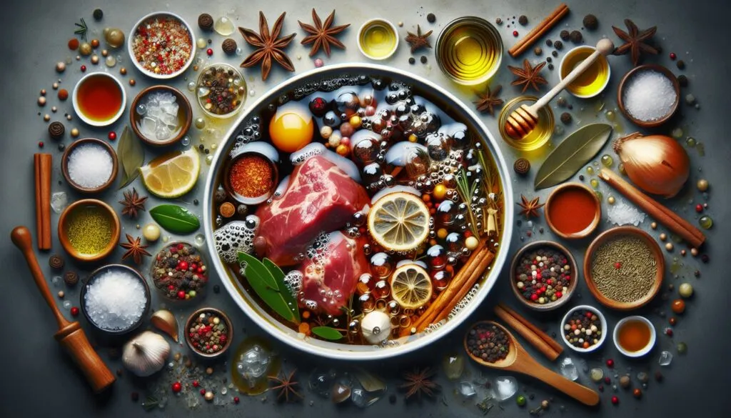 Marinada é uma mistura de líquidos e temperos usada para amaciar e realçar o sabor de alimentos, especialmente carnes, antes de serem cozidos. (imagem gerada com inteligência artificial)