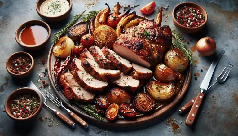 Assado é um método de cozimento que envolve o uso de calor seco, geralmente em um forno, para cozinhar lentamente os alimentos, resultando em um exterior crocante e um interior suculento. É comum para carnes, legumes e outros pratos. (imagem gerada com inteligência artificial)