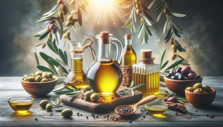 Azeite de oliva é um óleo natural extraído da azeitona, fruto da oliveira. Rico em ácidos graxos monoinsaturados, é usado na culinária, medicina e cosméticos. (imagem gerada com inteligência artificial)