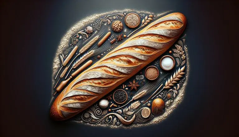 A baguete é um tipo de pão francês conhecido por sua forma longa e fina, crosta crocante e miolo macio. É feita principalmente de farinha, água, fermento e sal. (imagem gerada com inteligência artificial)