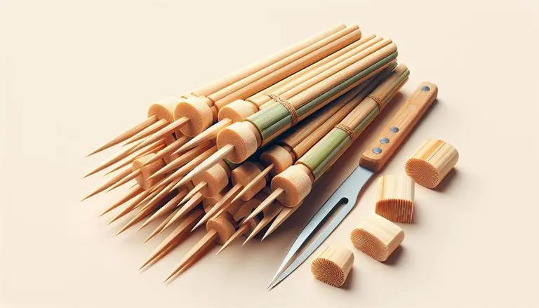 Bambu para espeto é um tipo de bambu cortado e afiado em uma das extremidades, utilizado para espetar alimentos em churrascos ou outros tipos de cozimento. É biodegradável e considerado uma opção ecológica. (imagem gerada com inteligência artificial)
