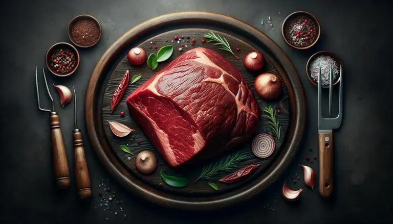 Brisket é um corte de carne bovina localizado na parte inferior do peito. É conhecido por sua textura firme e rica em gordura, sendo ideal para cozimento lento, como churrasco ou ensopado. (imagem gerada com inteligência artificial)