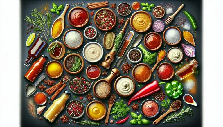 Condimentos são substâncias como ervas, especiarias, molhos e pastas usadas para realçar o sabor, aroma ou cor dos alimentos durante o preparo ou na finalização dos pratos. (imagem gerada com inteligência artificial)