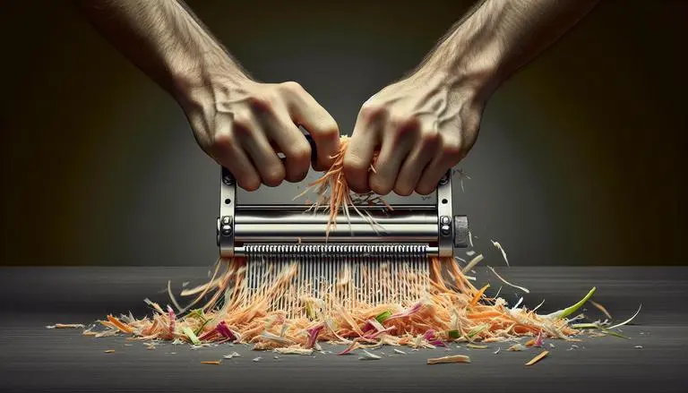 Duas mãos seguram firmemente um ralador culinário com lâminas afiadas, usado para triturar cenouras e possivelmente outros vegetais coloridos, que estão espalhados sobre uma superfície plana. O fundo é escuro, destacando as cores vibrantes do material ralado e as lâminas metálicas do equipamento. A imagem transmite a ação de ralar, com um foco nas texturas e na força aplicada.