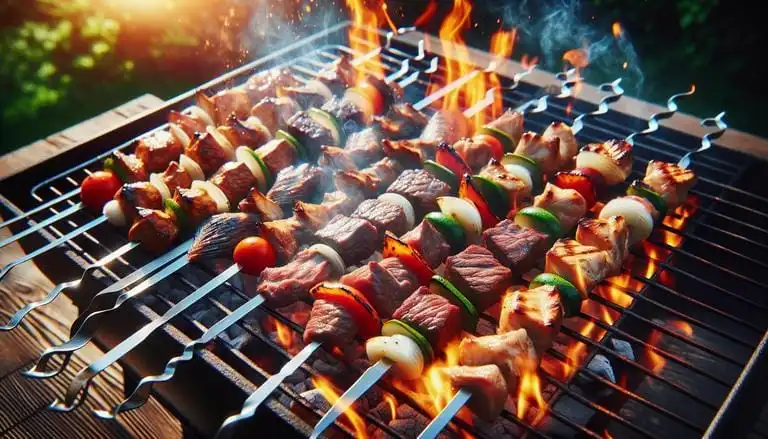Espetinho é um tipo de preparo culinário em que pedaços de carne, frango, peixe ou vegetais são espetados em varetas de madeira ou metal e assados. (imagem gerada com inteligência artificial)