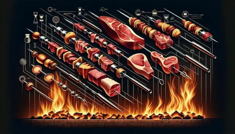 As estacas para churrasco são ferramentas fundamentais para garantir que as carnes sejam assadas de maneira uniforme e segura. As estacas são especialmente úteis para cortes maiores, como costelas e pernis, que requerem um cozimento mais lento e cuidadoso. (imagem gerada com inteligência artificial)