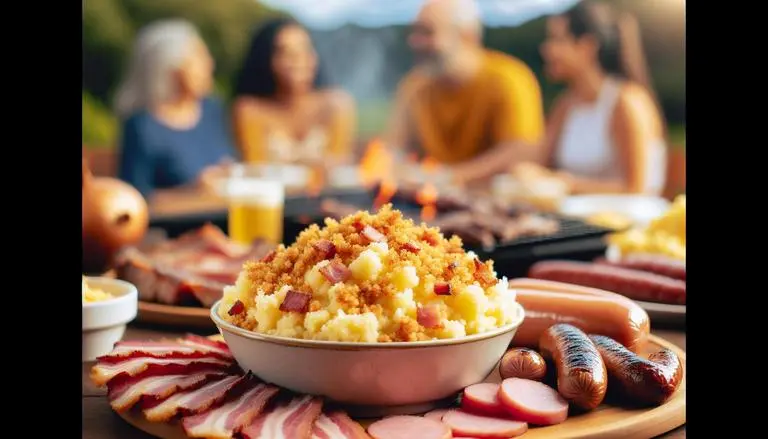 Farofa é um prato brasileiro feito com farinha de mandioca ou milho tostada, geralmente misturada com manteiga, cebola, ovos, bacon ou outros ingredientes, servida como acompanhamento. (imagem gerada com inteligência artificial)