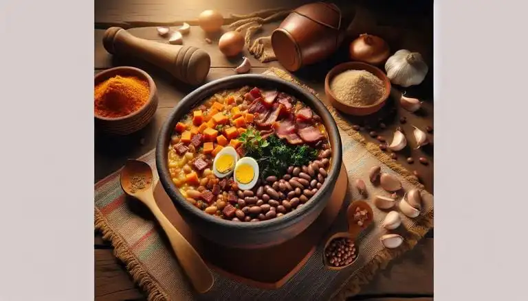 Feijão-tropeiro é um prato tradicional brasileiro composto por feijão cozido, farinha de mandioca, bacon, linguiça, ovos e temperos como alho e cebola, geralmente servido com couve refogada. (imagem gerada com inteligência artificial)
