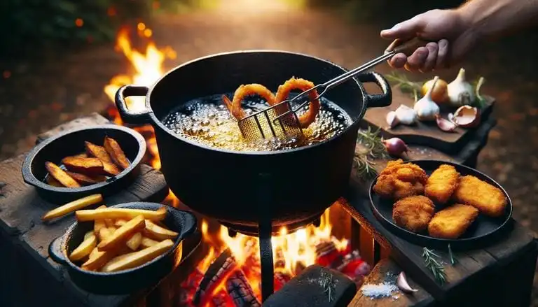 Fritura é um método de cozimento que usa gordura quente para cozinhar alimentos, resultando em uma textura crocante por fora e macia por dentro. (imagem gerada com inteligência artificial)