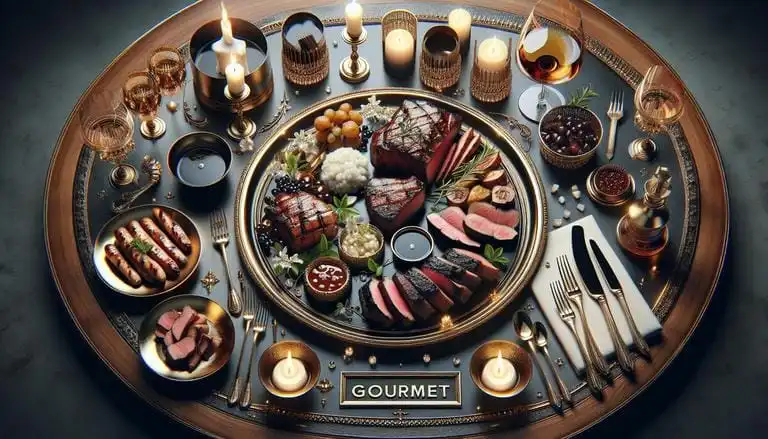 Gourmet - Gourmet refere-se a uma qualidade superior e exclusividade em alimentos, bebidas e experiências gastronômicas. É associado a pratos sofisticados, ingredientes de alta qualidade e preparo cuidadoso. - Um churras - Imagem gerada por IA