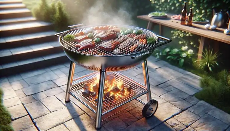 Grelha - Grelha é uma estrutura de metal utilizada para assar alimentos, geralmente dotada de barras paralelas sobre as quais se colocam carnes, peixes ou vegetais. - Um churras - Imagem gerada por IA