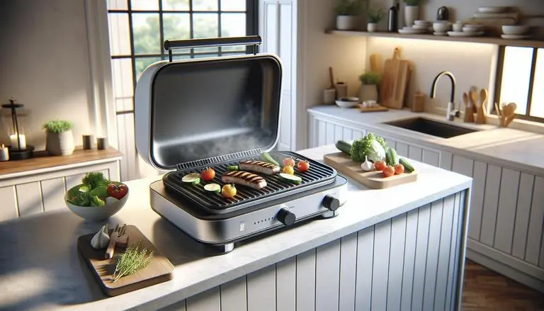 Grill elétrico - Grill elétrico é um aparelho de cozinha usado para grelhar alimentos, funcionando com eletricidade em vez de carvão ou gás. Proporciona rápido aquecimento e grelhados uniformes sem fumaça. - Um churras - Imagem gerada por IA