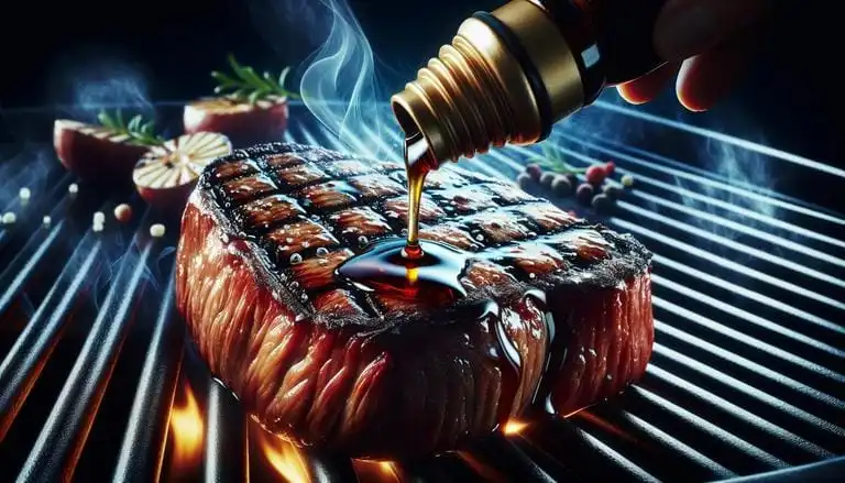 Hidrossolúvel - Termo "hidrossolúvel" no contexto de churrasco refere-se a substâncias, como certos tipos de sais e marinadas, que se dissolvem em água. Esses elementos penetram nas fibras da carne, ajudando a amaciar e a realçar os sabores ao longo do processo de cozimento na grelha. - Um churras - Imagem gerada por IA