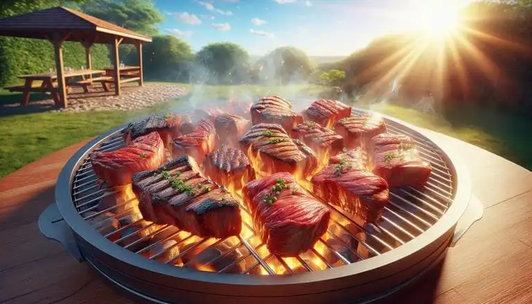 Hipercalórico - No contexto de churrasco, alimentos hipercalóricos são aqueles que possuem alto teor de calorias devido à quantidade elevada de gorduras e proteínas. Exemplos comuns incluem cortes de carne mais gordurosos como picanha ou costela, que são apreciados por sua suculência e sabor. - Um churras - Imagem gerada por IA