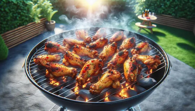 Wings na brasa - Wings na brasa são asas de frango temperadas, geralmente marinadas em molhos variados, e depois grelhadas em churrasqueira a carvão até ficarem crocantes e douradas. - Um churras - Imagem gerada por IA