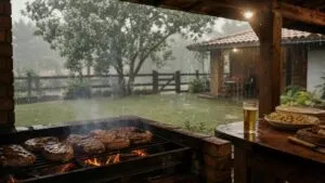 Churrasco em dias de chuva: dicas, receitas e segurança - Um churras - Imagem gerada por IA