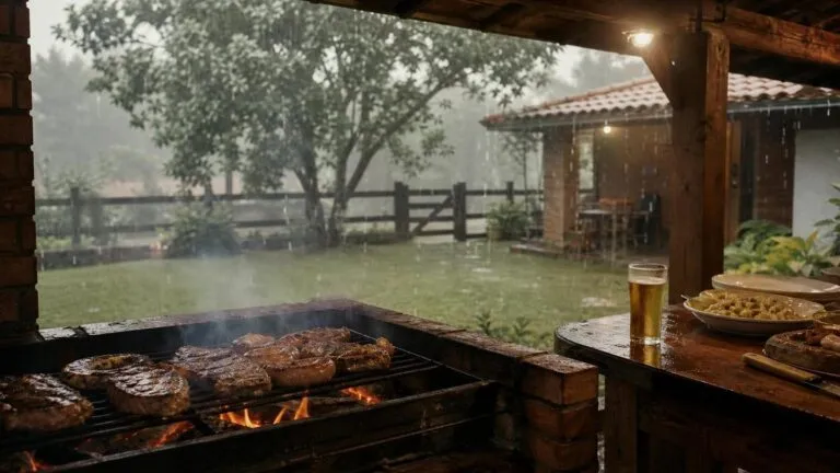 Churrasco em dias de chuva: dicas, receitas e segurança - Um churras - Imagem gerada por IA